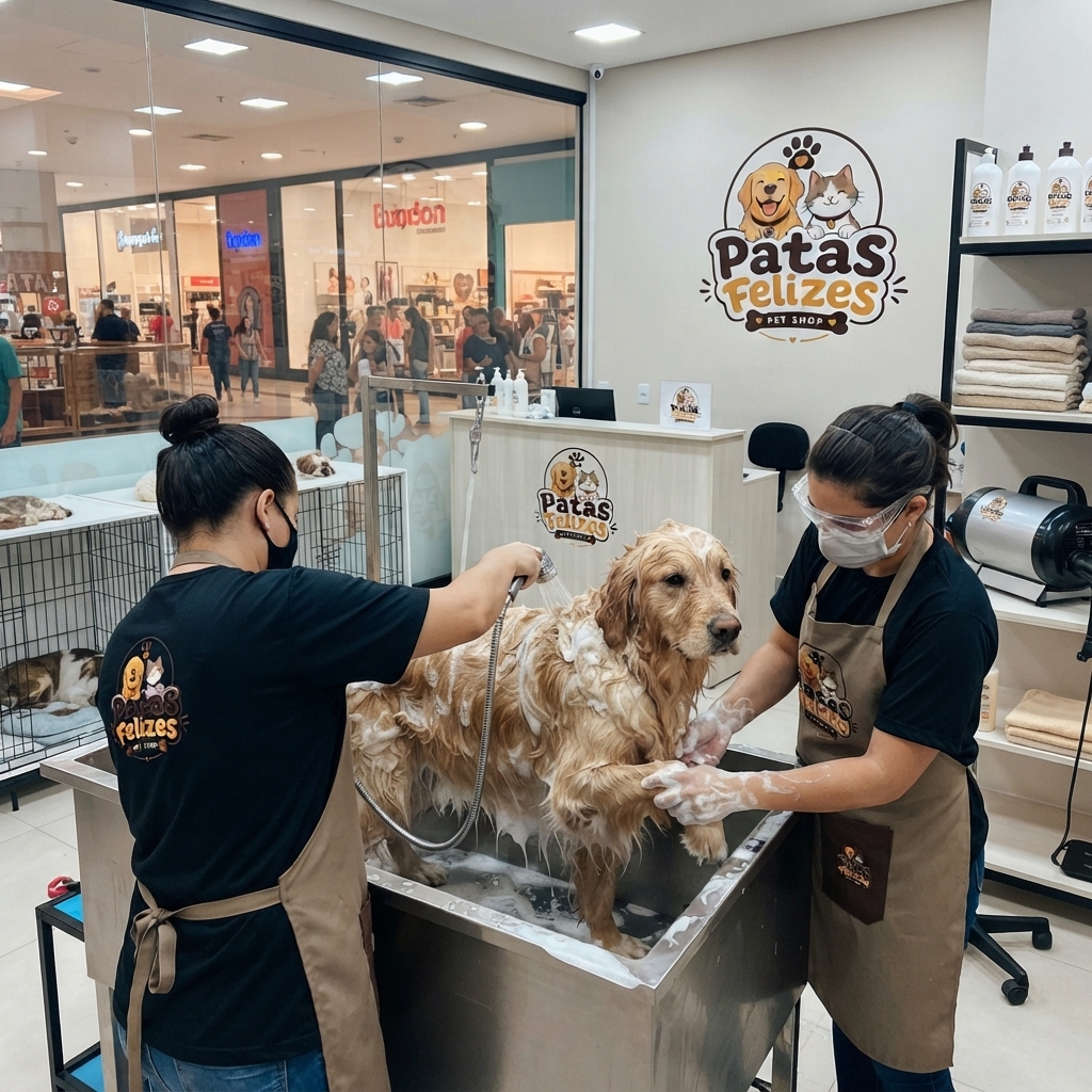 Equipe do Patas Felizes dando banho em um golden retriever na área de banho da loja
