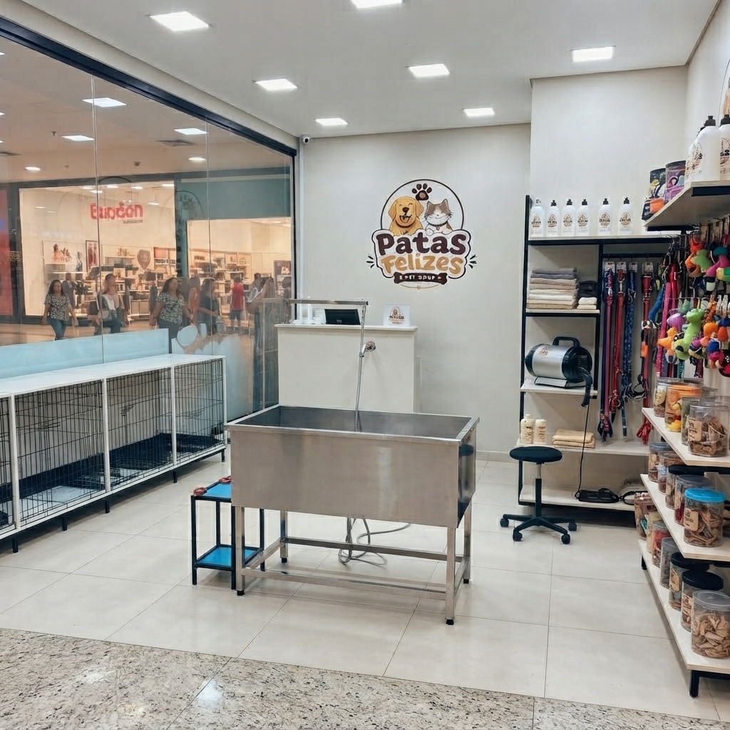 Outro ângulo da loja Patas Felizes, mostrando a área de espera com canis e a vitrine para o shopping